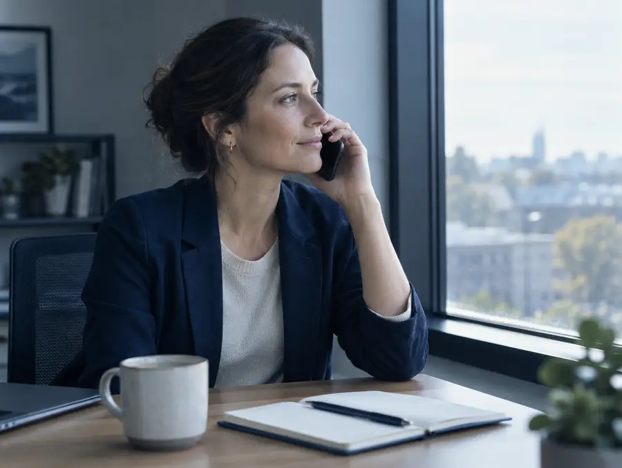 A professional at her desk by a window, on a phone call, listening