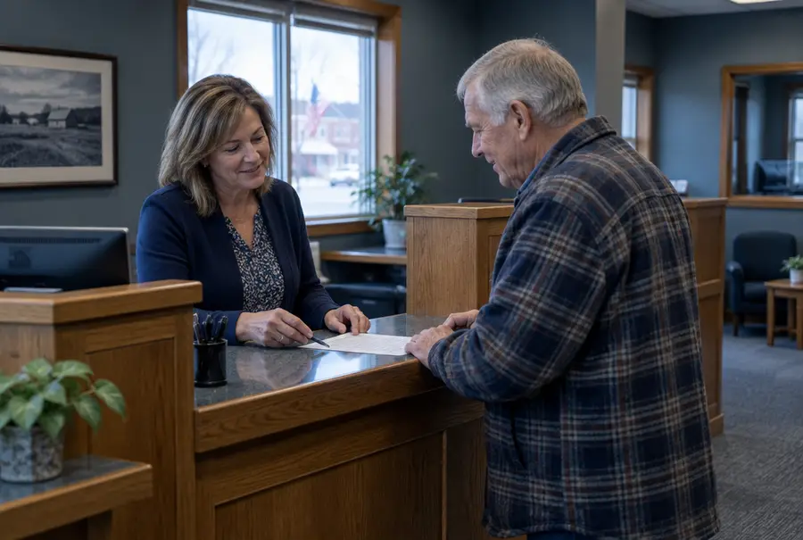 A banker at the counter of a small-town bank branch helping a customer with a form